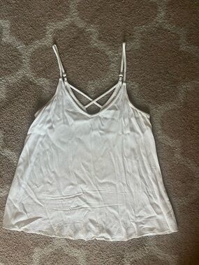 Francesca’s White Crepe Camisole Top with Adjustable Straps and Crisscross Back
